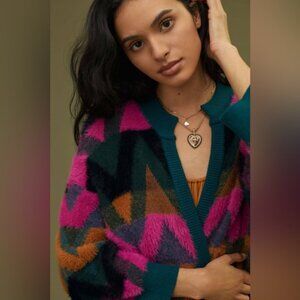 NWT Anthropologie Bel Kazan Pink and Teal Eyelash Cardigan